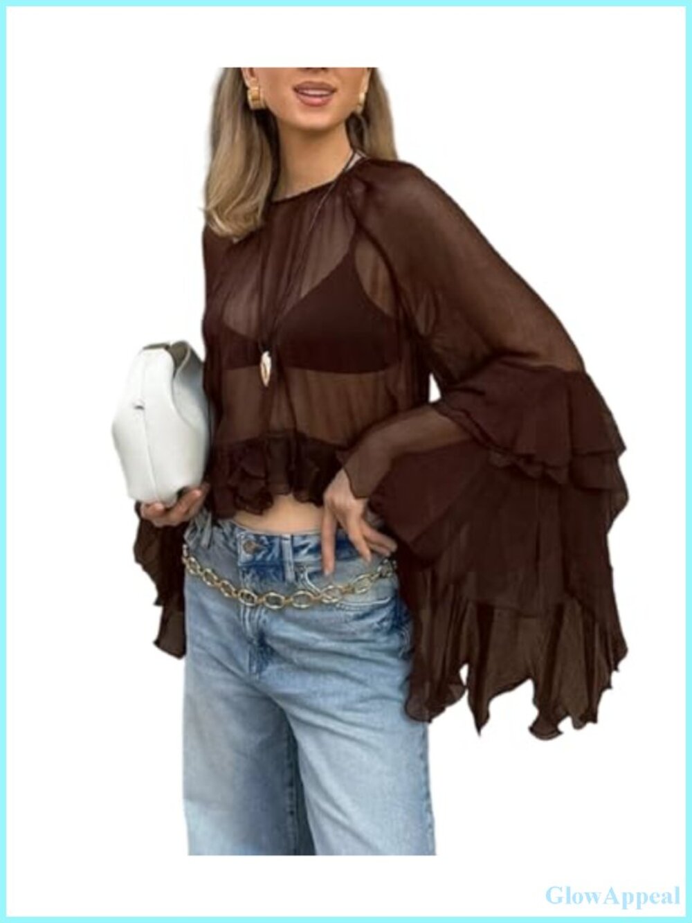 Women Boho Flowy Bell Sleeve Ruffle Chiffon Crop Blouse Sheer See Through Party